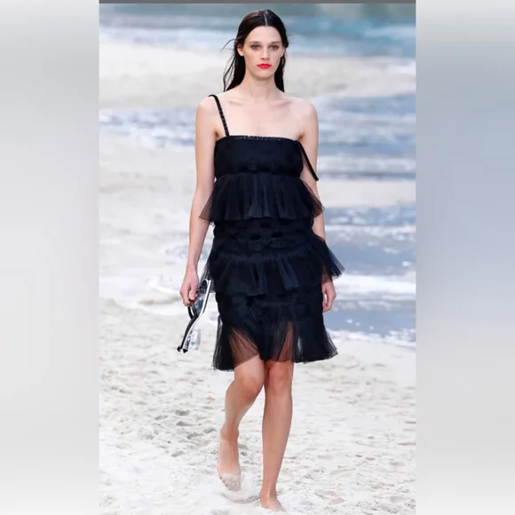 JS Collection Black lace ruffle Cocktail Dress Babydoll Spaghetti Strap Sz US 12 JS Collection Black lace ruffle Cocktail Dress Babydoll Spaghetti Strap Sz US 12